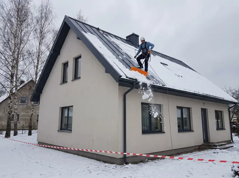Darbuotojas su saugos diržais, prisirišęs virve prie kraigo, kastuvu stumia sniegą nuo dviaukščio namo stogo, apačioje aptverta zona